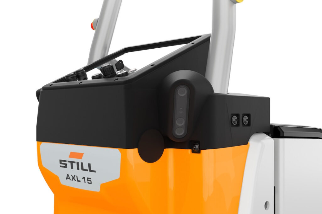 Detail senzorů na těle vozíku STILL AXL 15 iGo pro automatické rozpoznávání palet.

